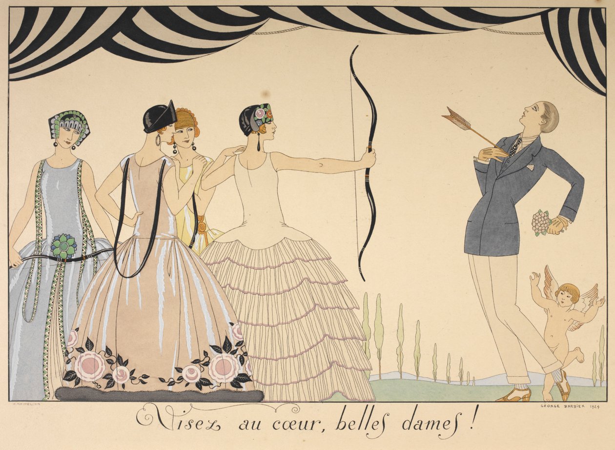Visez au coeur, belles dames. Sikt på hjertet damer. En kvinne skjøt en mann i hjertet med en pil. av Georges Barbier