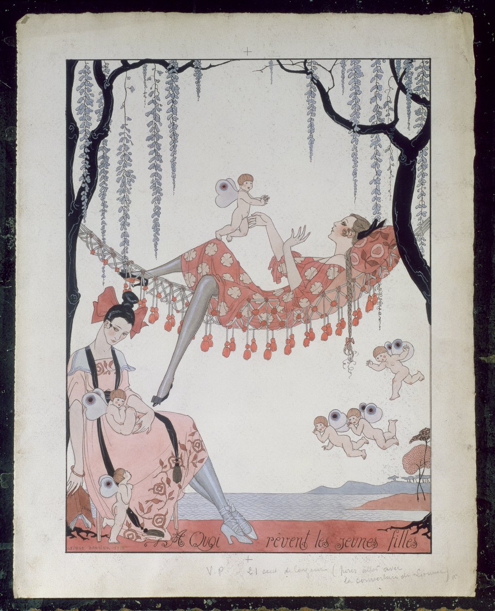 Hva drømmer unge kvinner om? 1918 (penn, blekk og akvarell på papir) av Georges Barbier