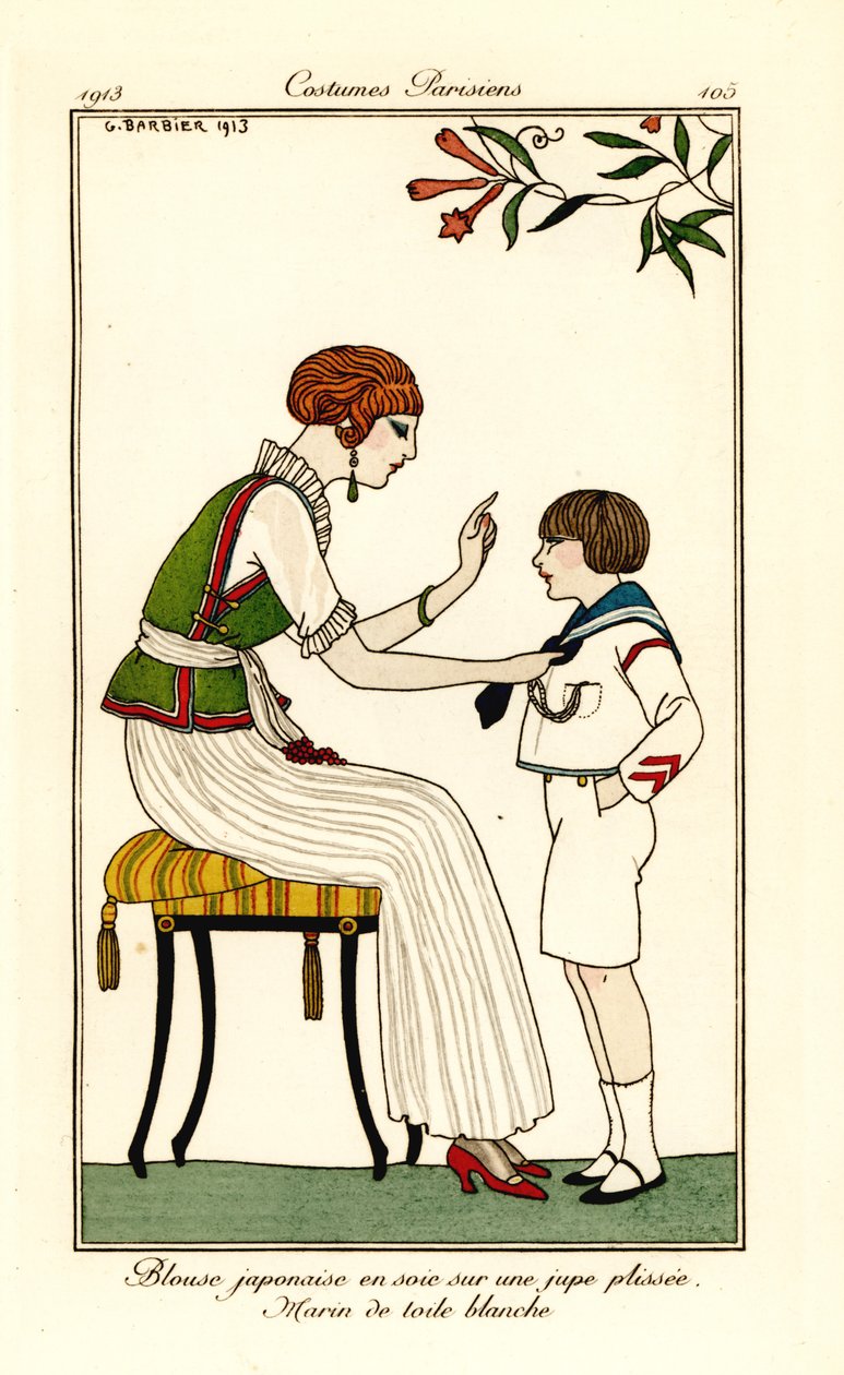 Kvinne i japansk silkebluse og langt plissert skjørt av Georges Barbier