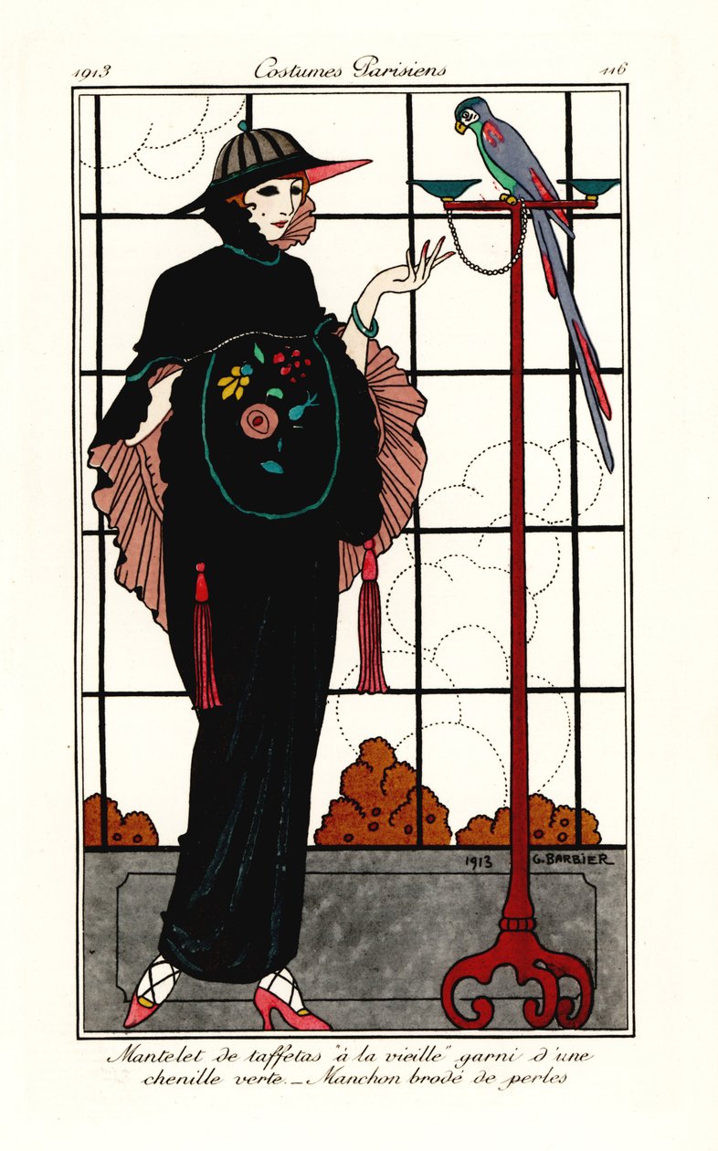 Kvinne i en gammel taftkappe med en papegøye av Georges Barbier