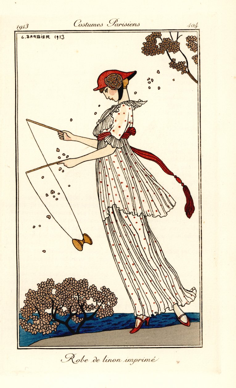 Kvinne i kjole av trykt lin som spiller diabolo av Georges Barbier