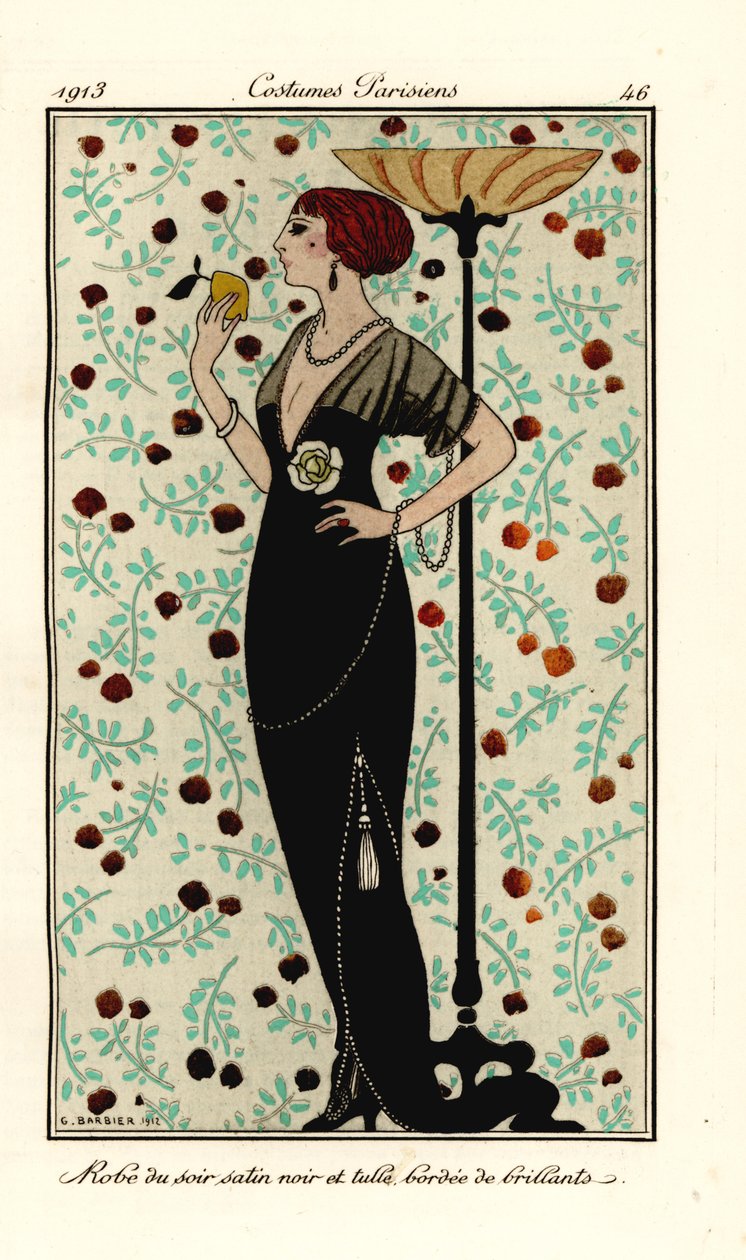 Kvinne i aftenkjole av svart sateng og tyll, kantet med brillanter. Robe de soir satin noir et tyll, bordee de brillants. Håndfarget pochoir (stensil) etsning etter en illustrasjon av George Barbier fra Tommaso Antonginis Journal des Dames et des Mo av Georges Barbier