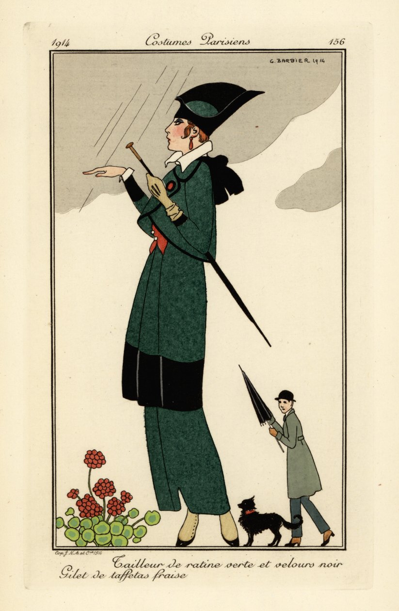 Kvinne i grønn ratine og svart fløyelsdress. av Georges Barbier