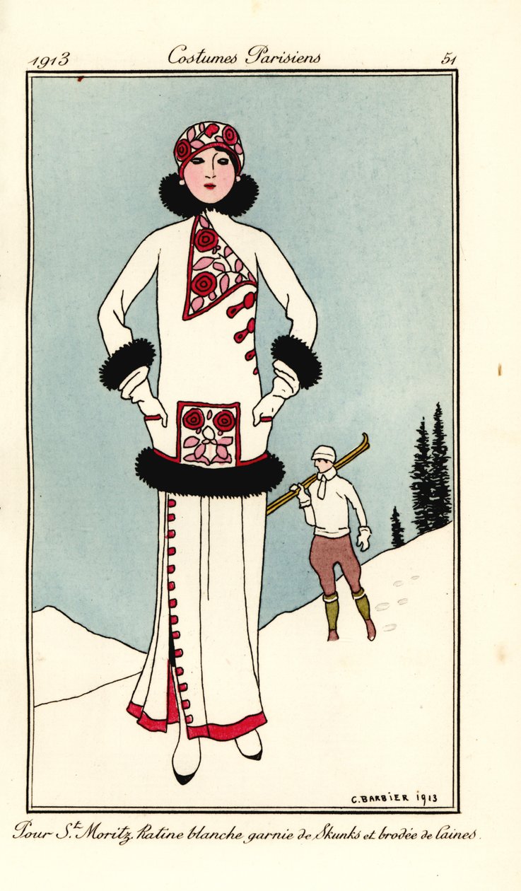 Kvinne i antrekk for St. Moritz i hvit frise med skunkkant og ullbroderi. Hell St. Maritz ratine blanche garnie de skunks et brodee de laine. Håndfarget pochoir (stensil) etsning etter en illustrasjon av George Barbier fra Tommaso Antongini