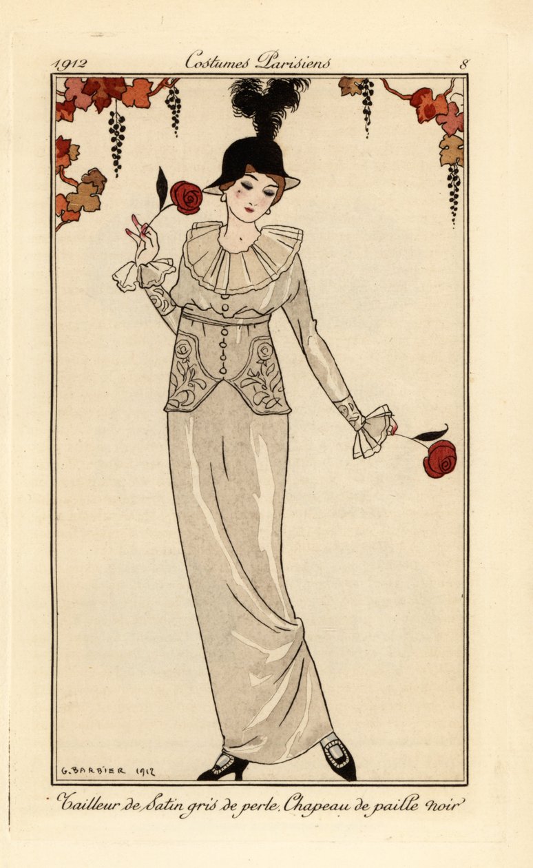Kvinne i perlegrå dress og svart stråhatt. Perlegrå satengdress, sort stråhatt. Håndfarget pochoir (stensil) etsning etter en illustrasjon av George Barbier fra Tommaso Antonginis Journal des Dames et des Modes, Aux Bureaux du Jo av Georges Barbier