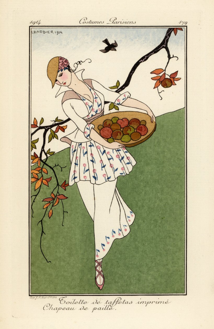 Kvinne i stråhatt og kjole av trykt taft. av Georges Barbier