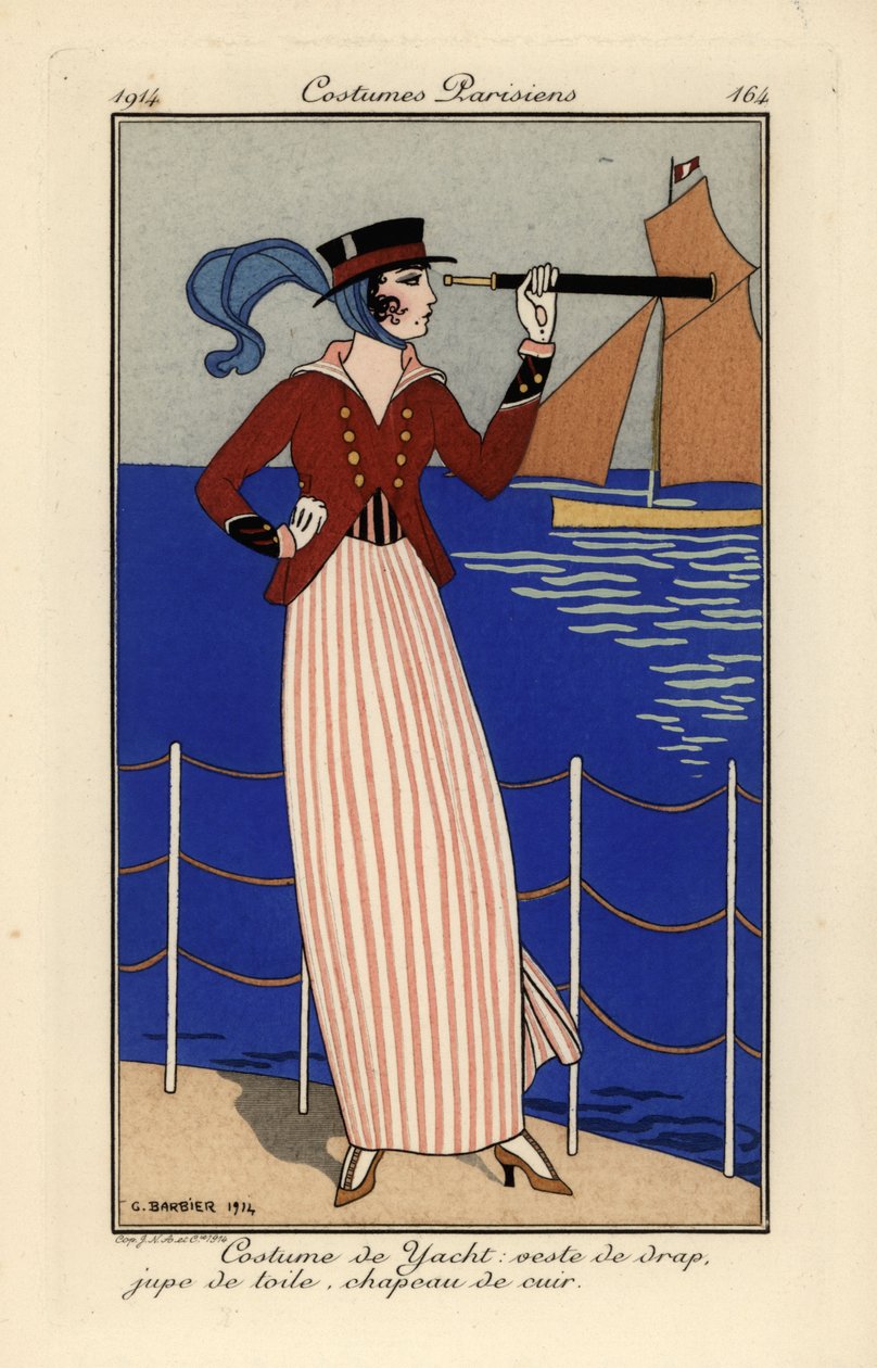 Kvinne i yachtdrakt som holder et teleskop. av Georges Barbier