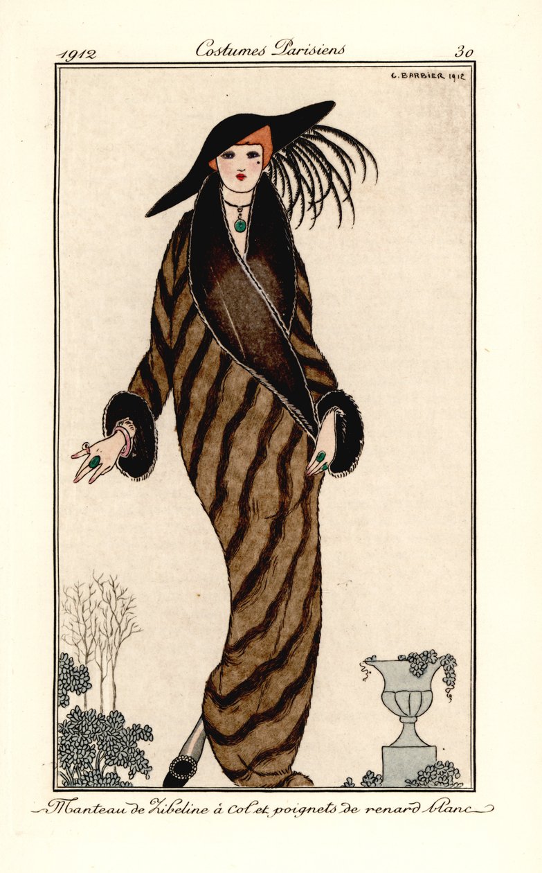 Kvinne i sobelfrakk med krage og mansjetter i hvit revepels. Sobelkåpe har hvit revekrage og mansjetter. Håndfarget pochoir (stensil) etsning etter en illustrasjon av George Barbier fra Tommaso Antonginis Journal des Dames et des Modes, Au av Georges Barbier