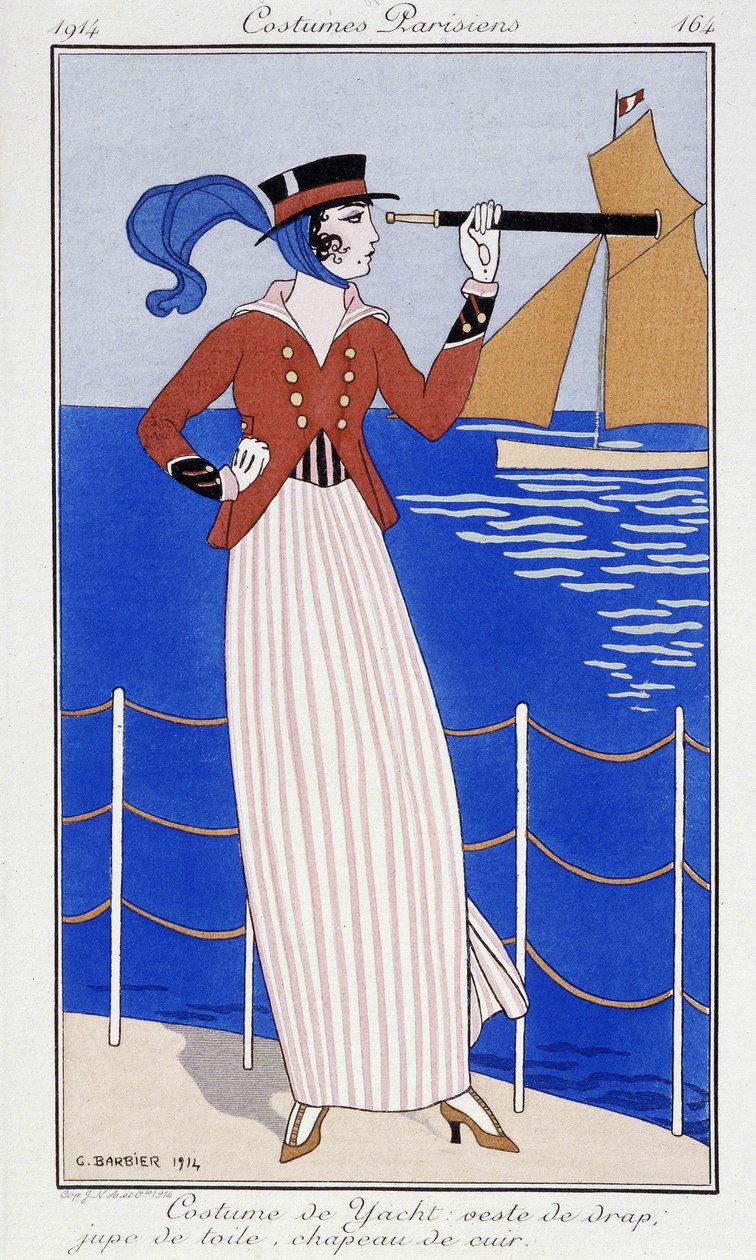 Kvinne ser i langsiktig utsikt, i yatch-dress - Mote 1914 av Georges Barbier