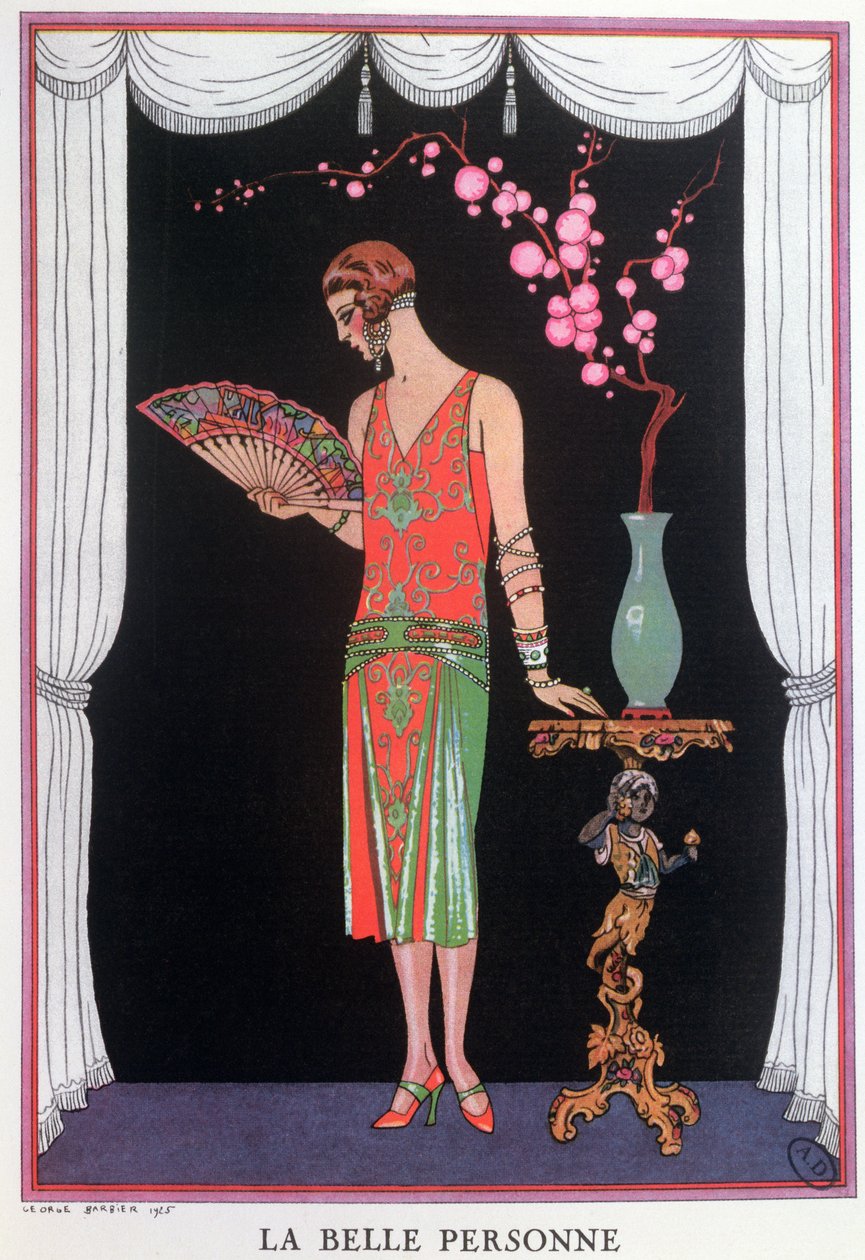 Verdt aftenkjole, moteplate fra Gazette du Bon Ton av Georges Barbier