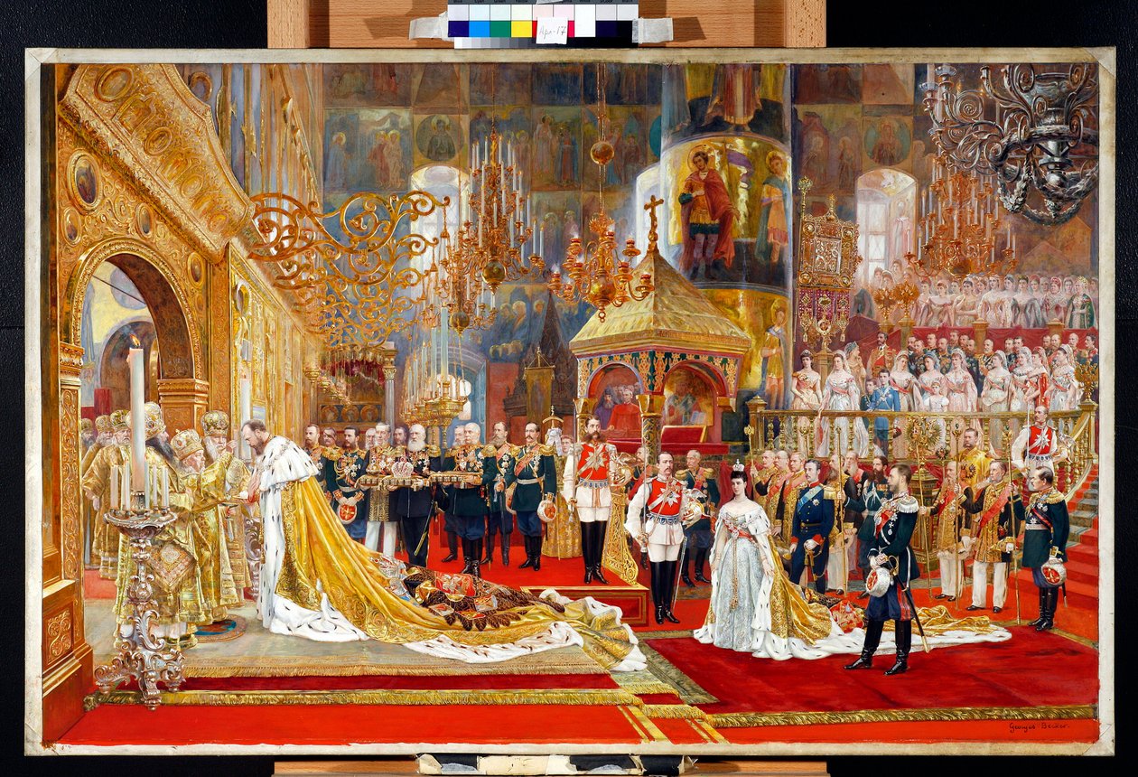 Kroningen av tsar Alexander III av Russland (1845-1894) og keiserinne Maria Feodorovna (Dagmar av Danmark) (1847-1928) - Kunstverk av Georges Becker (1845-1909) av Georges Becker