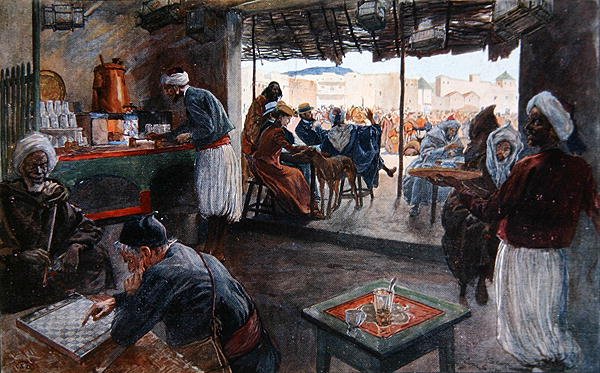 En kafé i Marokko, ca. 1900 (farge litho) av Georges Bertin Scott