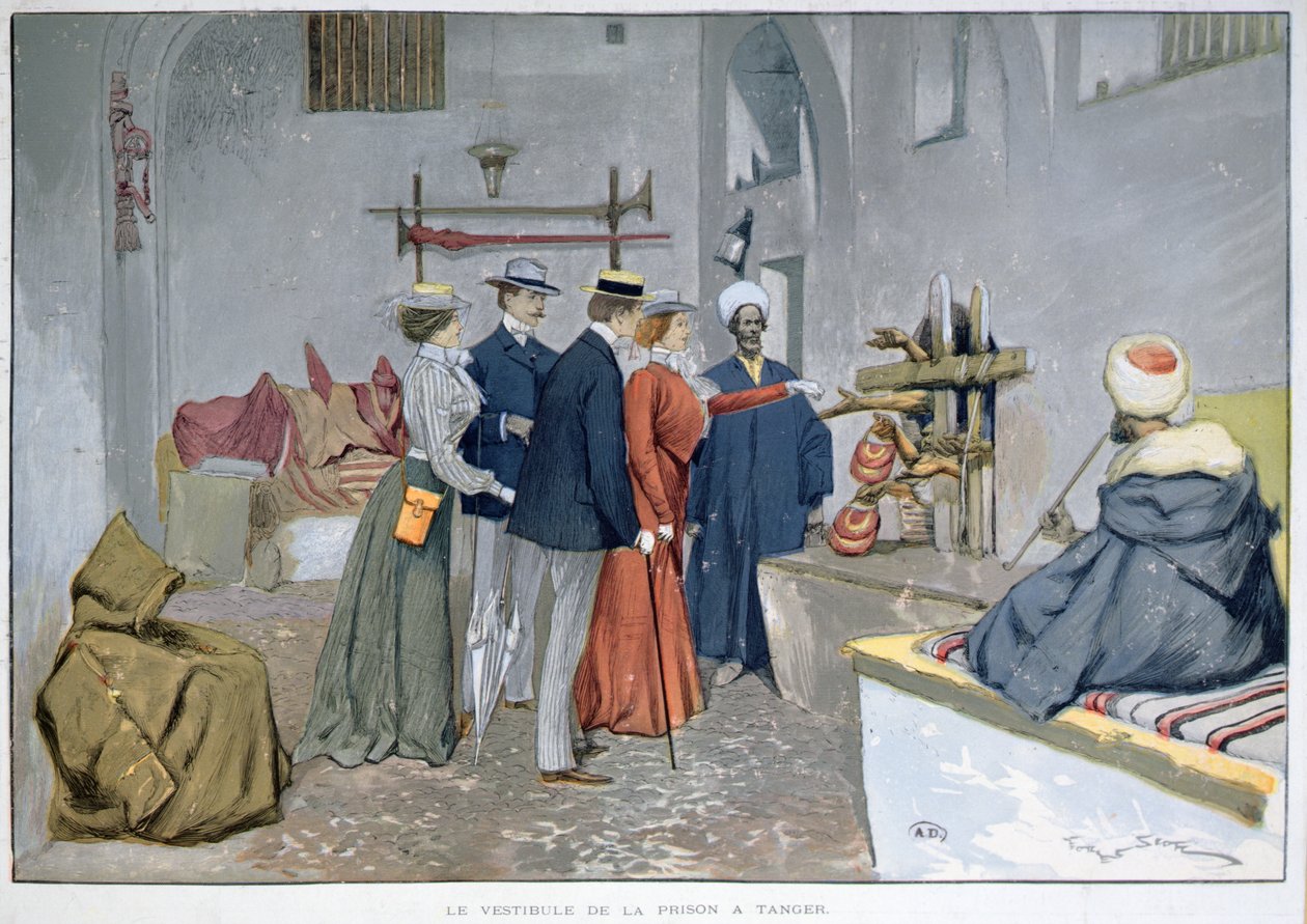 Inngangshallen til fengselet i Tanger, ca. 1900 (farge litho) av Georges Bertin Scott