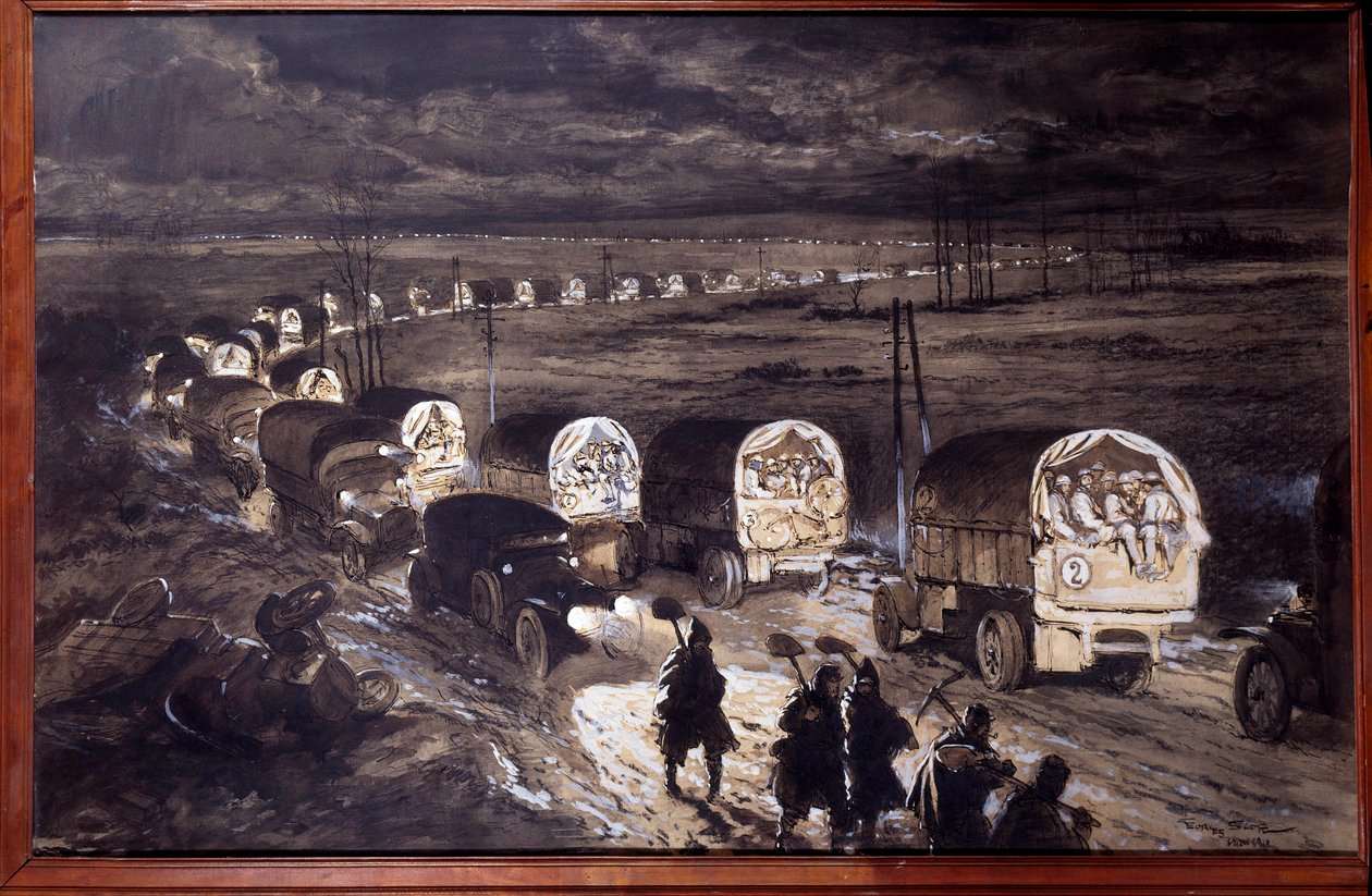Første verdenskrig (1914-1918): "The Sacred Way of Verdun" Akvarell av Georges Bertin Scott (1873-1942) dit Scott de Plagnolles. mars 1916. Søn 0,7x1,1 m Paris, musee de l'Armee av Georges Bertin Scott