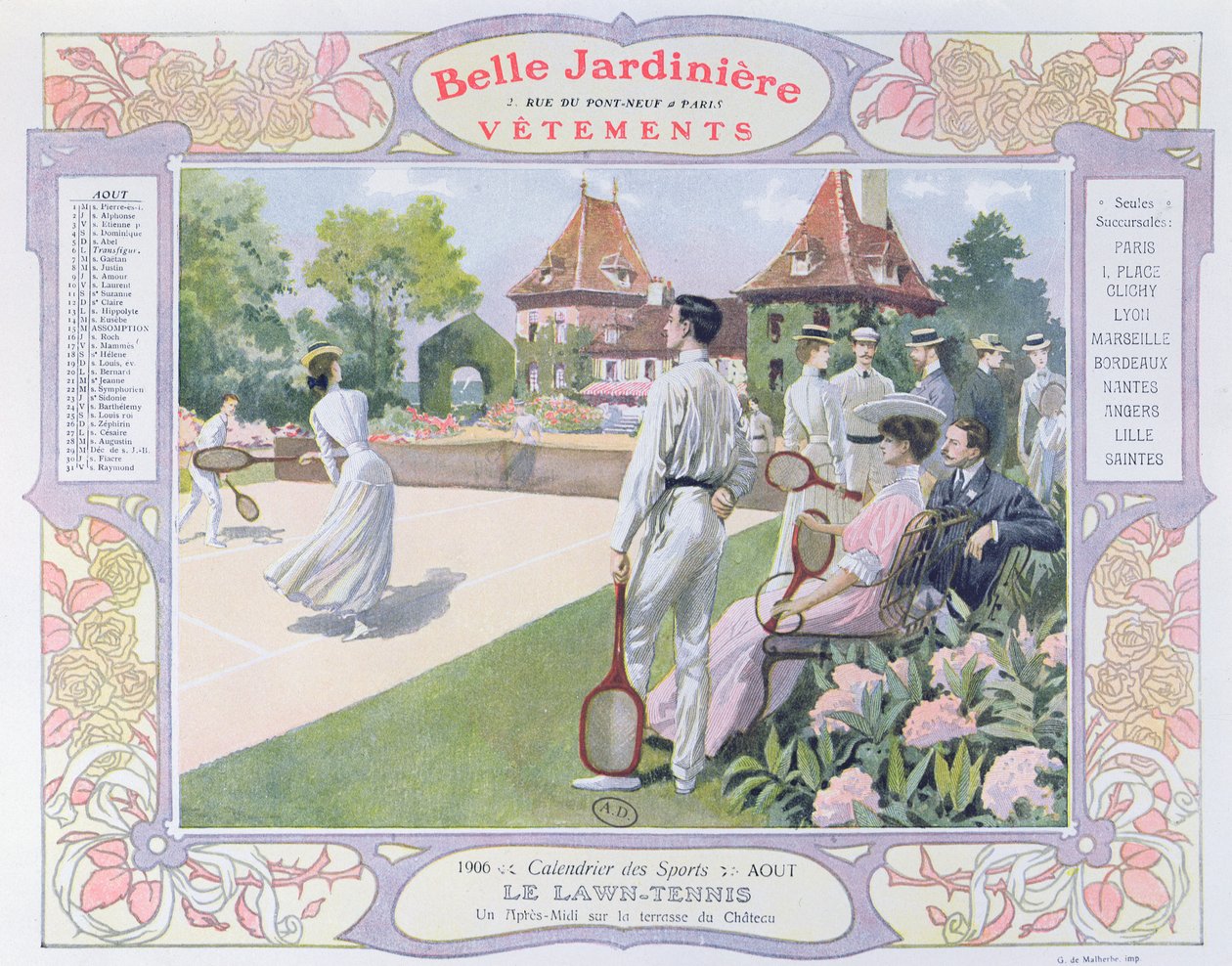Lawn Tennis, illustrasjon for august fra en kalender for klesbutikken 