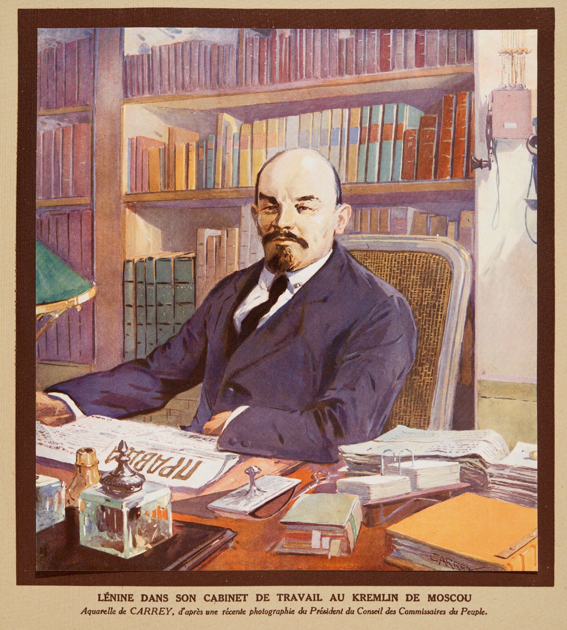 Lenin på kontoret sitt i Kreml i Moskva, fra Histoire des Soviets, utgitt 1922 (fargelitografi) av Georges Carrey
