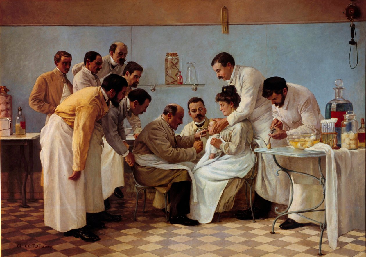 Medisin: "" Foringsrøret""" Innsetting av et rør har et difterisk barn. Maleri av Georges Chicotot (aktivt mellom 1899 og 1907). 20. århundres søn. 1,3x1,8 m Musee de l'Assistance Publique, Paris - Medisin: Intubasjonen. Et fle av Georges Chicotot