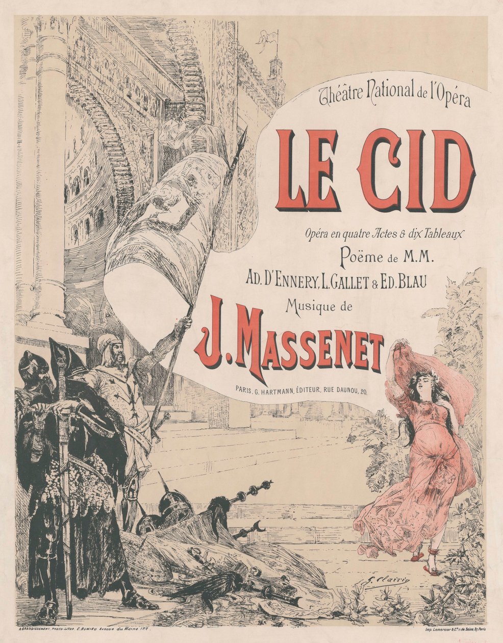 Plakat for premieren på Opera Le Cid av Jules Massenet, 1885. av Georges Clairin