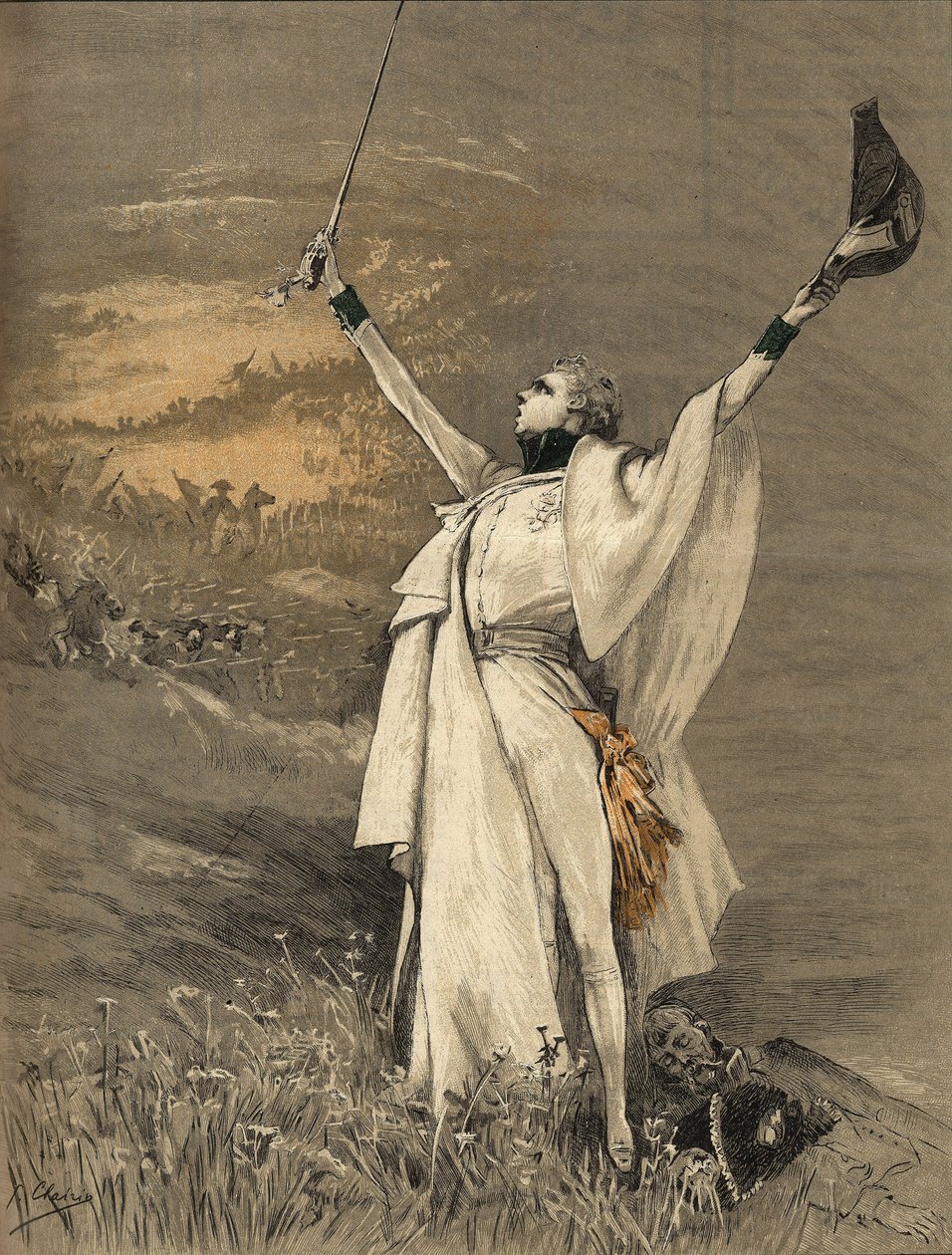 Skuespillerinnen Henriette Rosine Bernard kalte Sarah Bernhardt (1844-1923) i rollen som hertugen av Reichstadt (sønn av keiser Napoleon I (1769-1821) - "" Aiglon"", Gravering av Georges Jules Victor Clairin (1843 - 1919) ) av 1900. av Georges Clairin