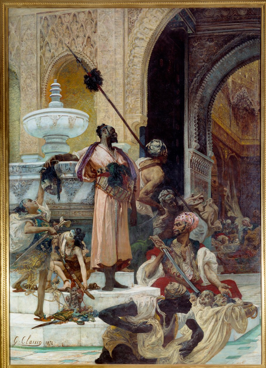 Massakren av abencerationer. Abencerages (maurisk stamme av kongeriket Granada på 1400-tallet) ble utryddet av Boabdil dit Zoghbi (1452-1528). Maleri av Georges Jules Victor Clairin (1843 - 1919) av Georges Clairin