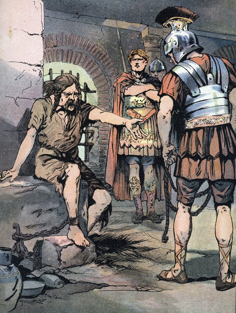 Gallia-krigen: "" Den galliske krigeren Vercingetorix fange i Jules Cesars romerske våpen i fengslene i Tullianum, 46 f.Kr." (Galliske kriger: Vercingetorix-fange i Mamertine-fengselet i Roma etter hans nederlag mot Julius Cæsar, 46 f.Kr.) I av Georges Conrad