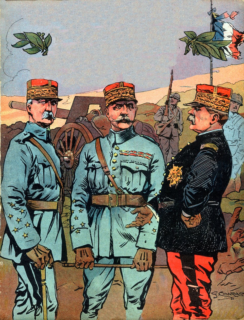 Marechal Joseph Jacques Cesaire Joffre (1852-1931), Marechal Ferdinand Foch (1851-1929) og Marechal Philippe Petain (1856-1951), de store befrierne av Frankrike under første verdenskrig - Illustrasjon av Georges Conrad (1874-1936) tatt fra "" Nos-Gires av Georges Conrad
