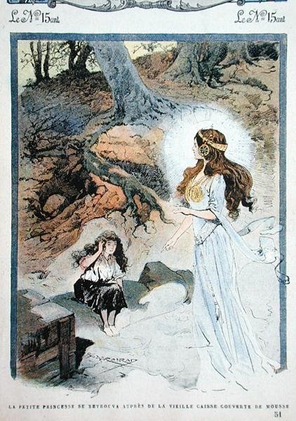 Den lille prinsessen befinner seg foran den gamle kisten, illustrasjon fra en barnehistorie i magasinet Mon Journal av Georges Conrad