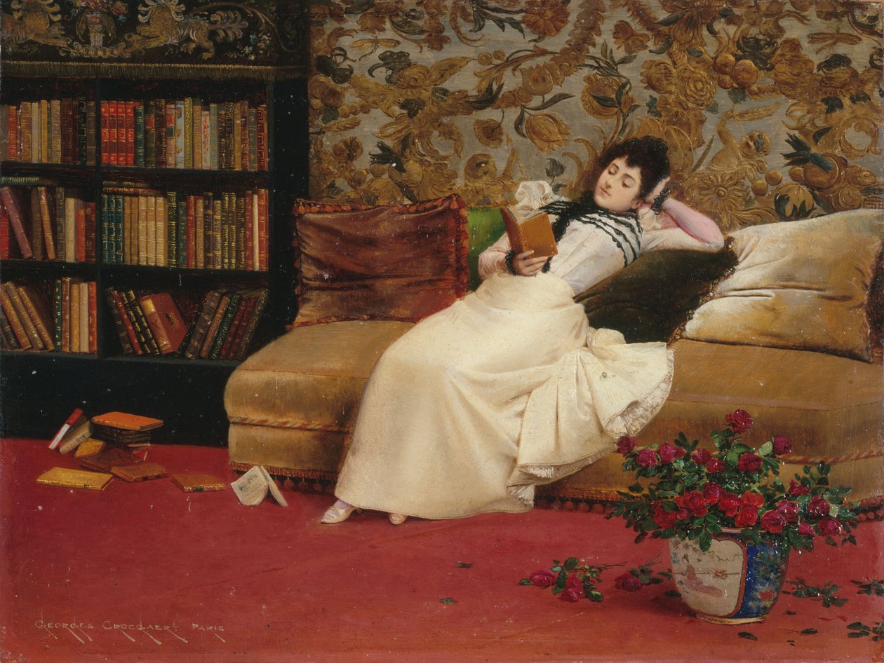 Reading, ca. 1890 (olje på lerret) av Georges Croegaert