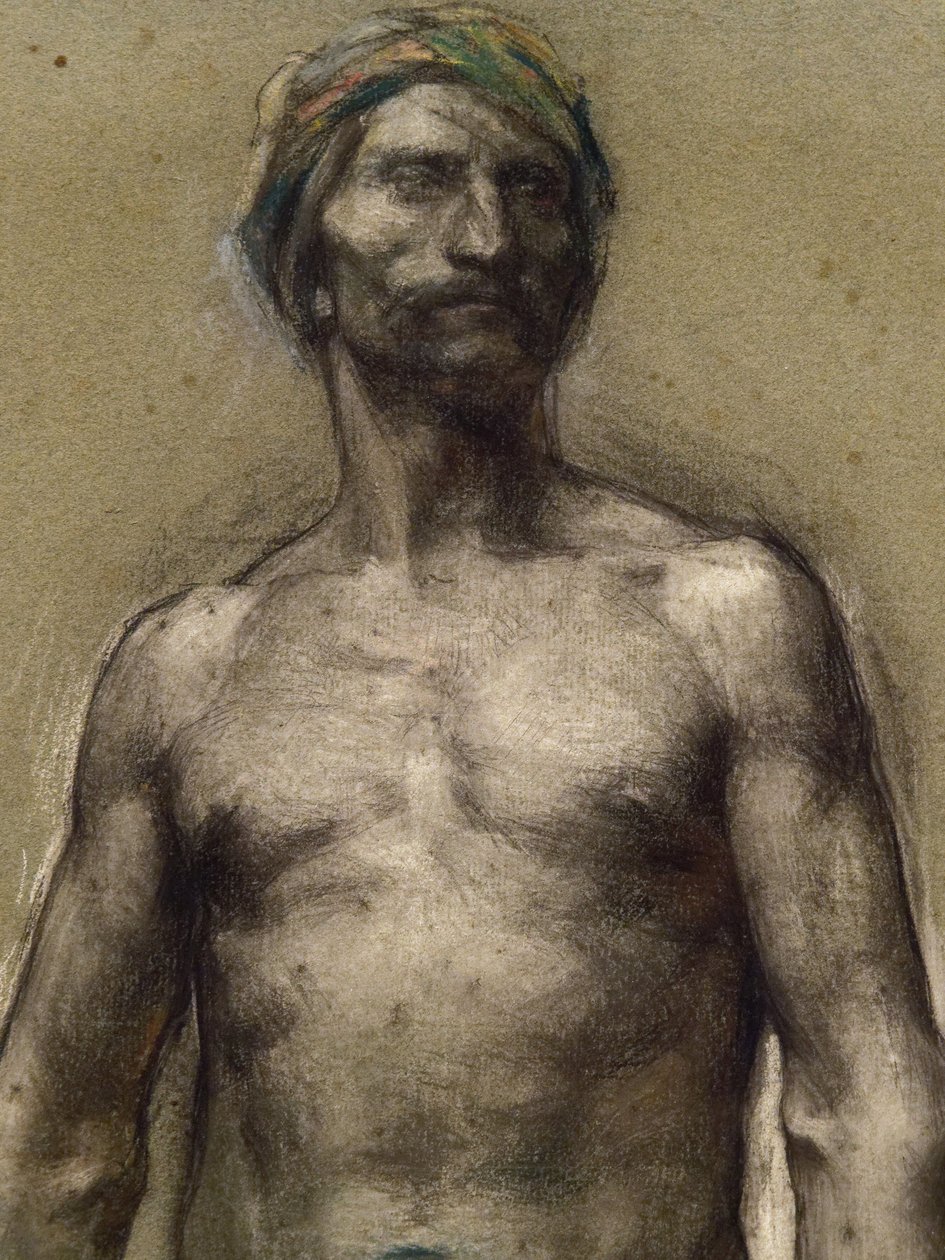 Studie av naken mann ved turbanen (detalj) (ca. 1888). George Desvallieres (1861-1950). Pastell på papirstang laminerer på papppapir. Musee des Beaux-Arts de la Ville de Paris, PeuPalais. av Georges Desvallieres