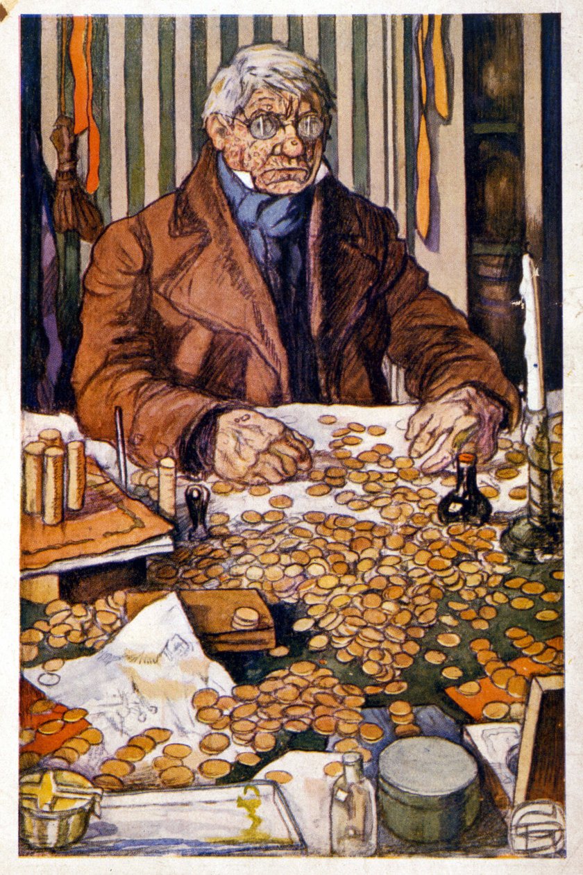 Le pere Grandet teller pengene sine - Illustrasjon i "Eugenie Grandet" av Honore de Balzac, koll. Ideell bibliotek av Georges Dupuis