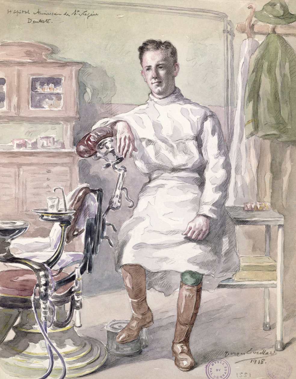 Militærtannlege ved American Hospital of St. Nazaire, 1918 (wc på papir) av Georges Eveillard