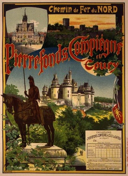 Reproduksjon av en plakat som annonserer Northern Railway-utflukter til Pierrefonds, Compiegne og Coucy (litho) av Georges Fraipont