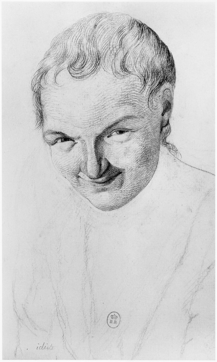 Idiot, illustrasjon fra en upublisert avhandling av Jean Etienne Dominique Esquirol (1772-1840) om galningene på Salpetriere-asylet, ca. 1818 av Georges Francois Gabriel