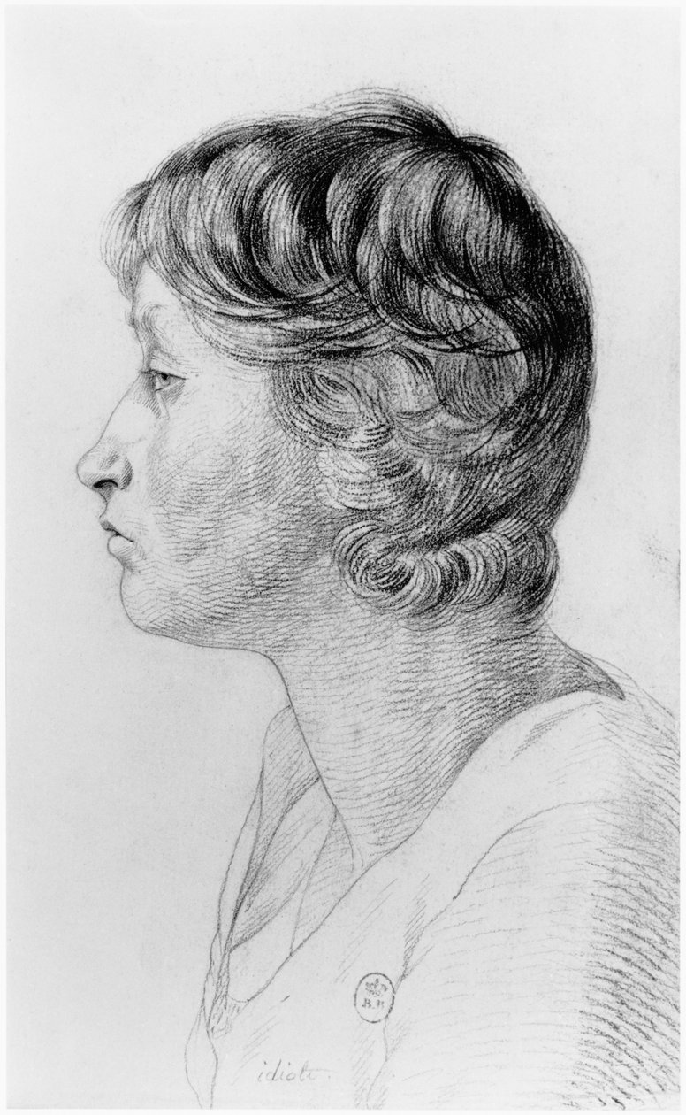 Idiot, illustrasjon fra en upublisert avhandling av Jean Etienne Dominique Esquirol (1772-1840) om galningene på Salpetriere-asylet, ca. 1818 av Georges Francois Gabriel