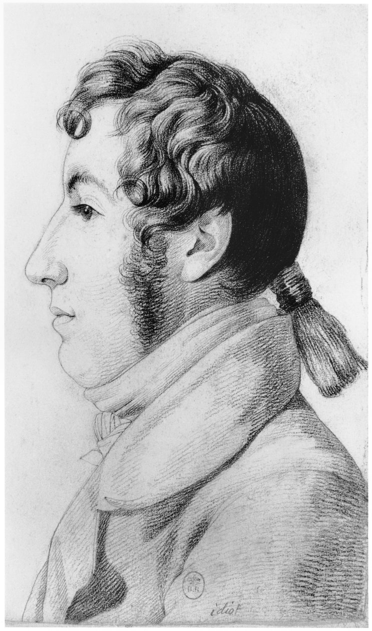 Idiot, illustrasjon fra en upublisert avhandling av Jean Etienne Dominique Esquirol (1772-1840) om galningene på Salpetriere-asylet, ca. 1818 av Georges Francois Gabriel