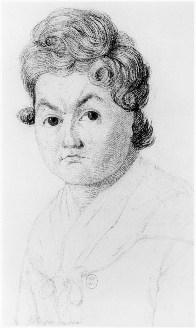 Gal kvinne for kjærlighet, illustrasjon fra en upublisert avhandling av Jean Etienne Dominique Esquirol (1772-1840) om galningene på Salpetriere-asylet, ca. 1818 av Georges Francois Gabriel