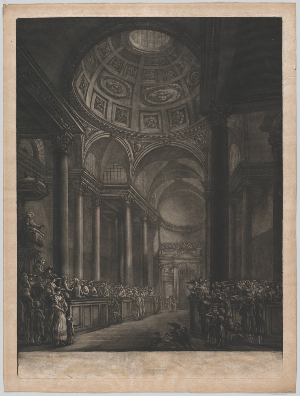 En utsikt over innsiden av St. Stephens Walbrook, utført fra tegningen i hans Majestets ..., ca. 1767. av Georges François Blondel