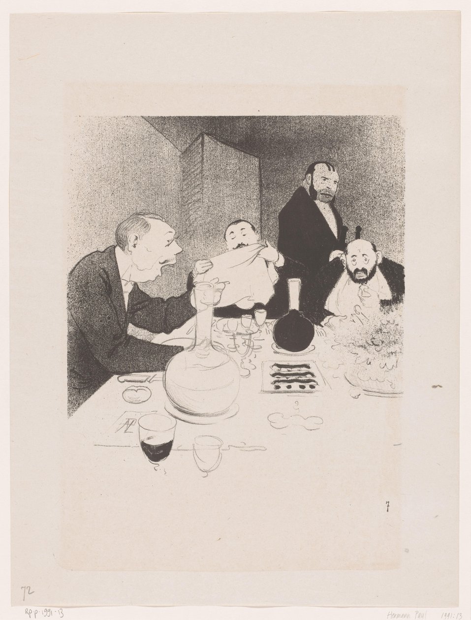 Mannen aan tafel under en middag Han er dekorert og vennene hans tilbyr ham en bankett (original tittel) Naturens store skuespill; livet til Mr. Anybody (original serietittel) av Georges Hermann Rene Paul