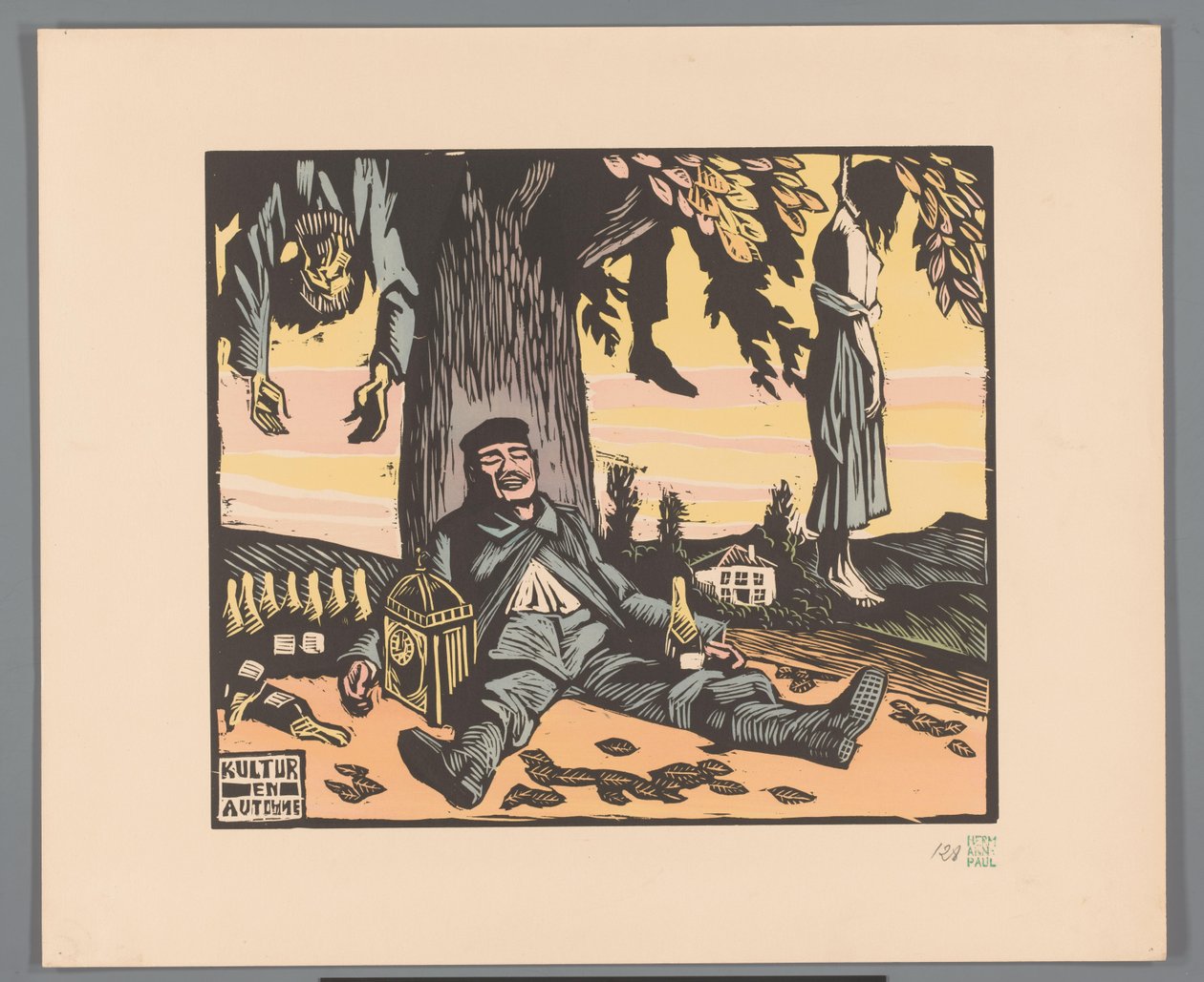 Soldat liggende mot et tre med hengte mennesker Kultur en automne (tittel på objekt) av Georges Hermann Rene Paul