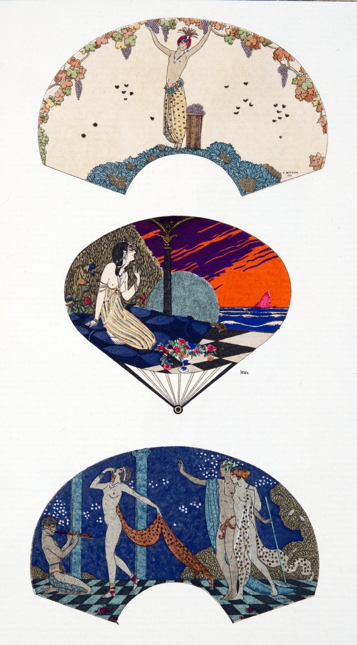 Fans av Paquin, etter G. Barbier og Paul Iribe. Plate 42, fra Parisian Costumes publisert i Journal des Dames et des Modes av Georges and Iribe Paul Barbier