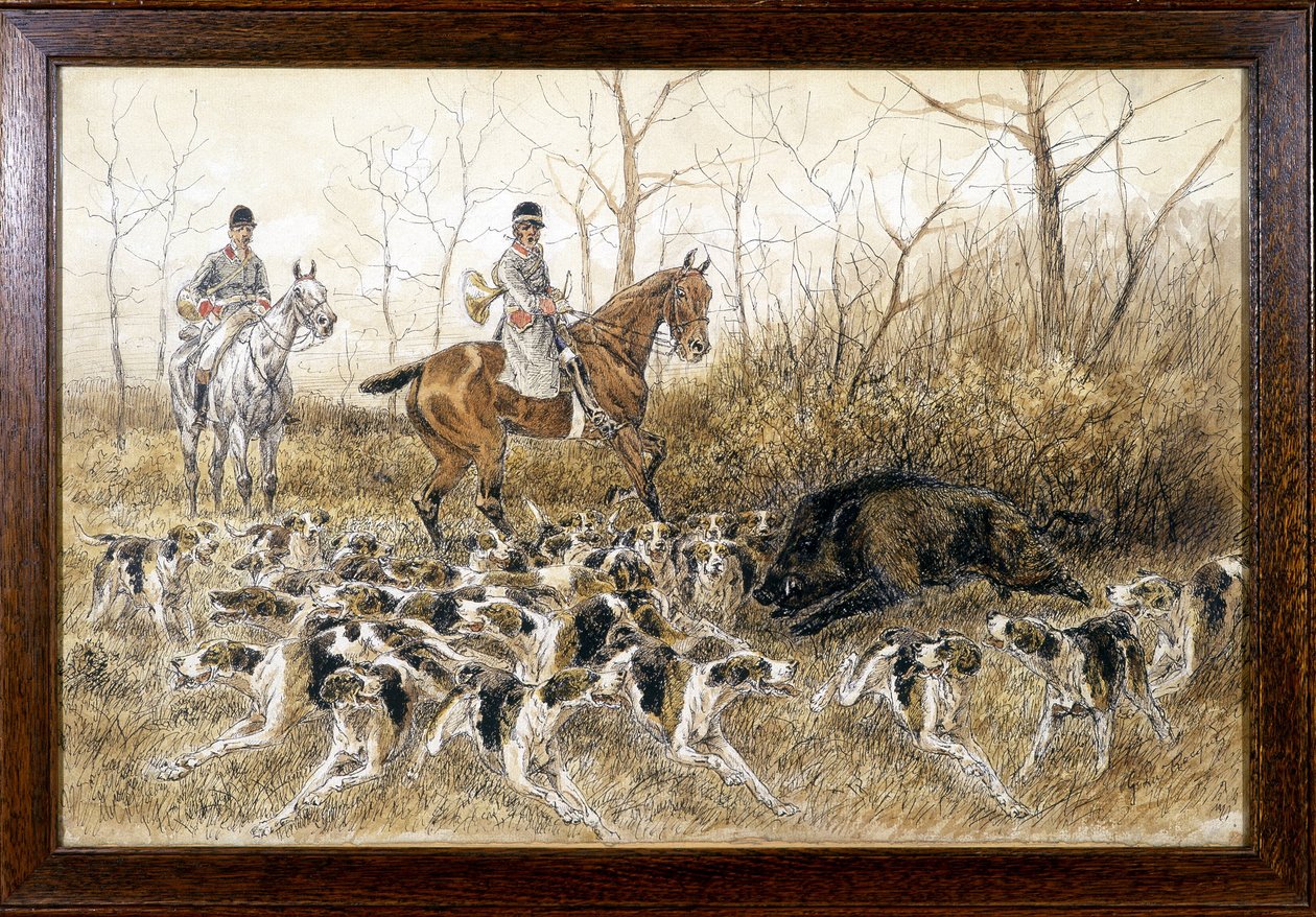 Hundeflokk rundt et villsvin på jakt - tegning av Georges La Roque, rundt 1900 av Georges La Roque