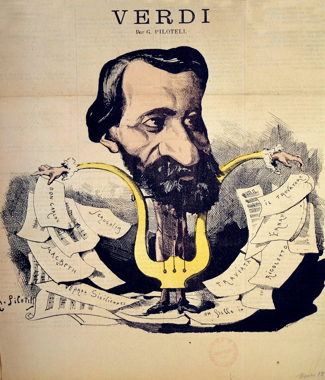 Tegneserie av komponisten Giuseppe Verdi (1813-1901) av Pilotell (1845-1918) mars 1869. National Conservatory of Music, Paris av Georges Labadie Pilotell