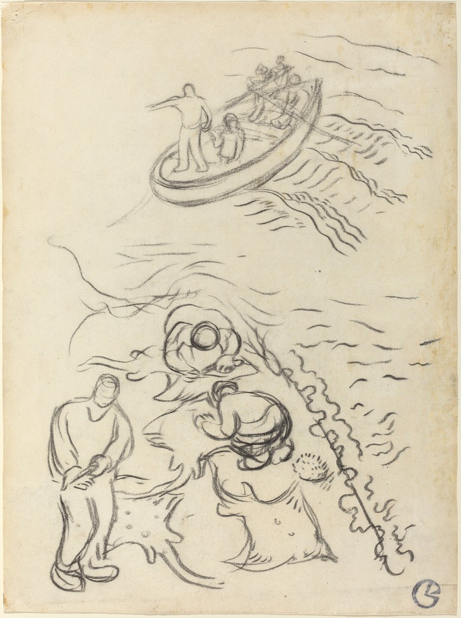Studie for "The Fishermen" med menn som tømmer garnene av Georges Lacombe