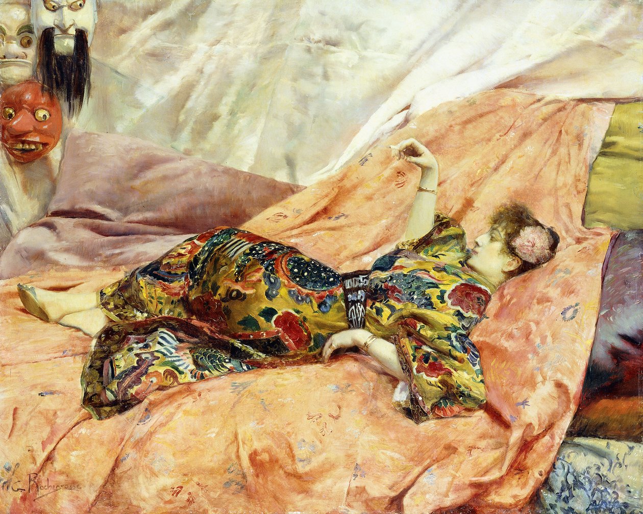 Et portrett av Sarah Bernhardt, liggende i et Chinois-interiør, av Georges Marie Rochegrosse