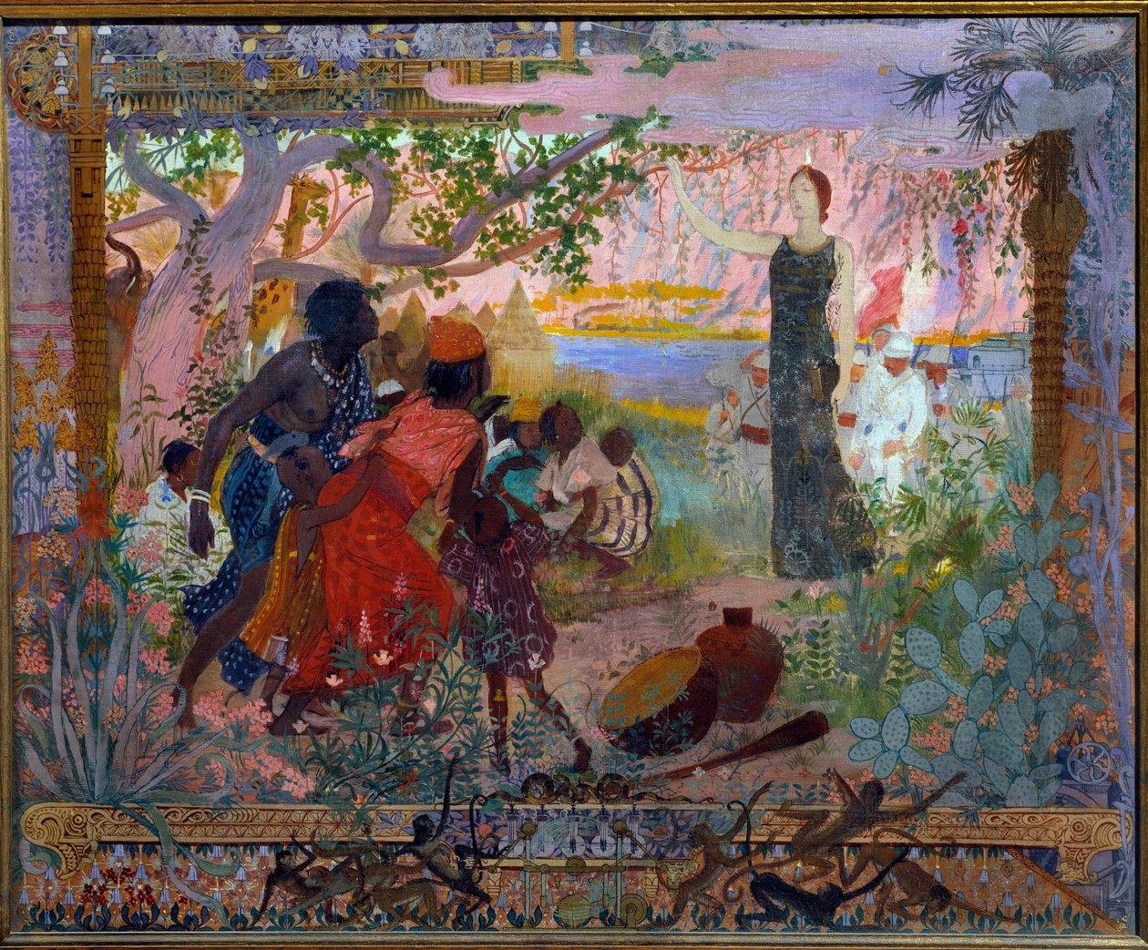 Akademisk kunst eller brannmann: "The conquete of Africa"" Allegori om kolonialisme som representerer en ung hvit kvinne som høytidelig avanserer mot skremte afrikanske familier. Maleri av Georges Antoine Rochegrosse (1859-1938) 1900 Paris, Musee du Luxemb av Georges Marie Rochegrosse