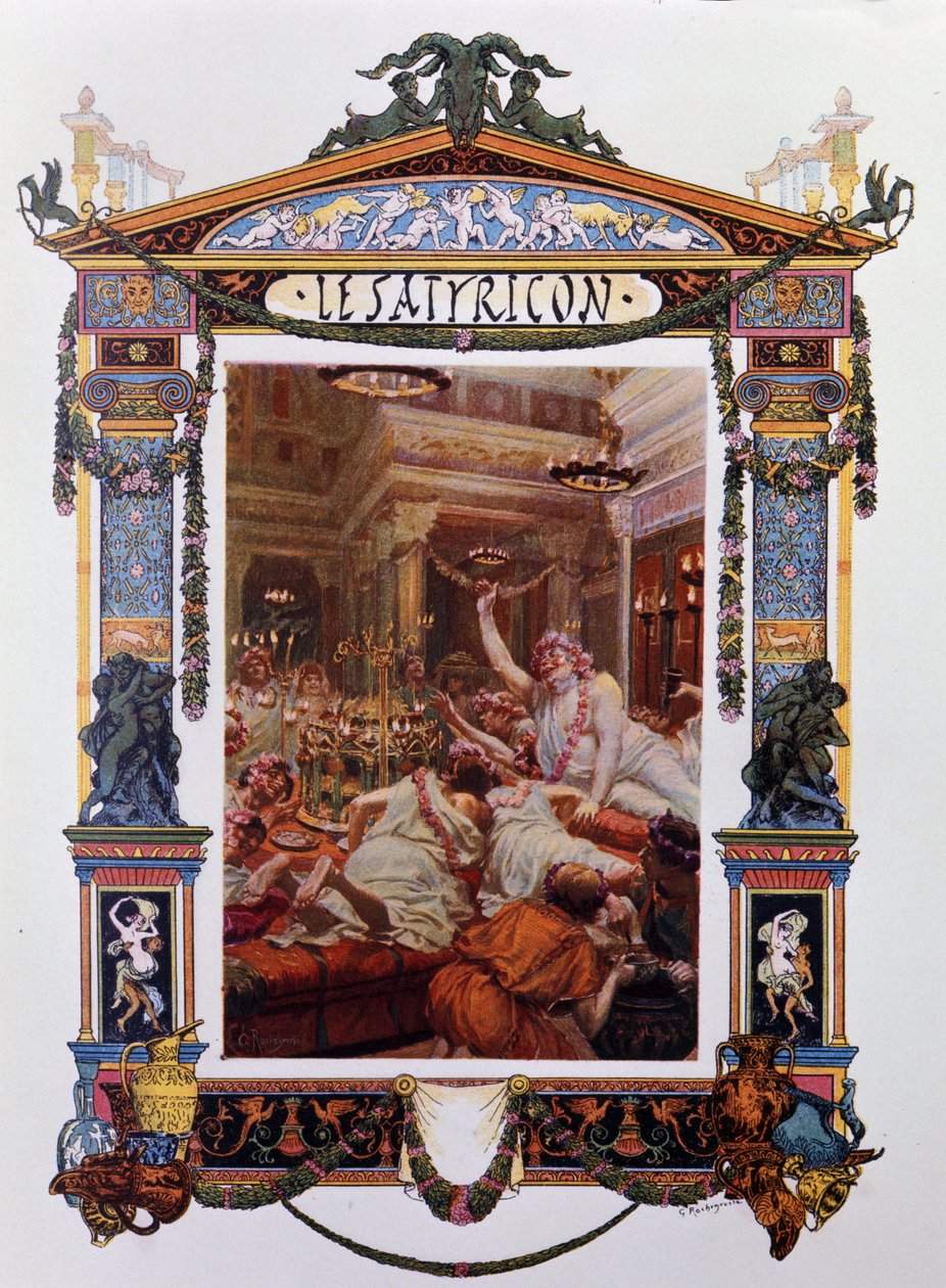 Frontispice av arbeidet til Petrone (Petronio Arbitro) (Petronius Arbiter): The Satyricon (satiricon). Illustrasjon av Georges-Antoine Rochegrosse (1859-1938) fra 1902. Milanese . av Georges Marie Rochegrosse