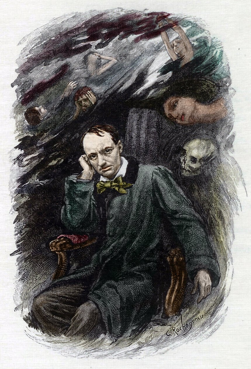 Portrett av den franske poeten Charles Baudelaire (1827-1861) omgir spøkelsene hans (Representasjon av den franske romantiske poeten Charles Baudelaire omgitt av spøkelser, illustrasjon for "" Ondskapens blomster") Illustrasjon av Georges An av Georges Marie Rochegrosse