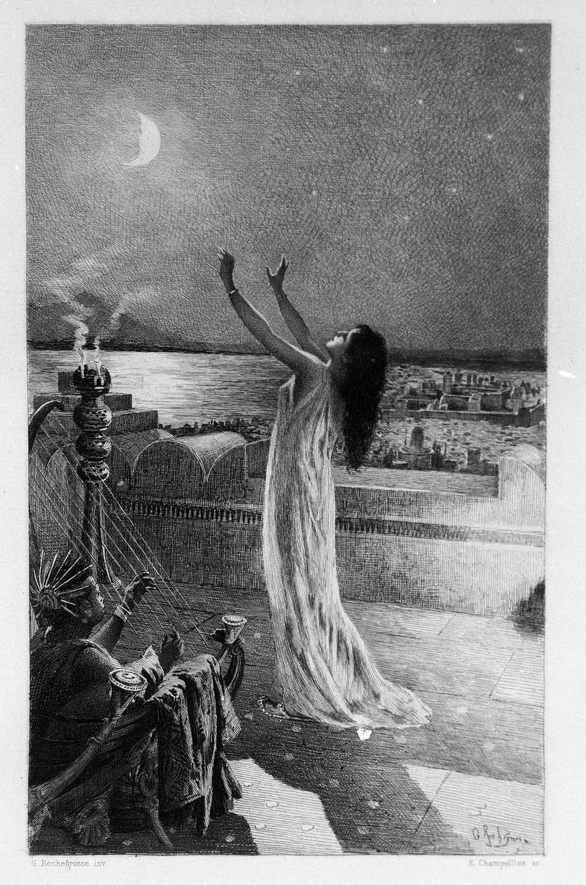 Salammbo, datter av Hamilcar Barca (eller Barcas), ber Tanit, månegudinnen Illustrasjon av Georges Antoine Rochegrosse (1859-1938) for romanen "Salammbo" av Gustave Flaubert, og tar leiesoldatkrigen som rammeverk på tidspunktet for Første puniker av Georges Marie Rochegrosse