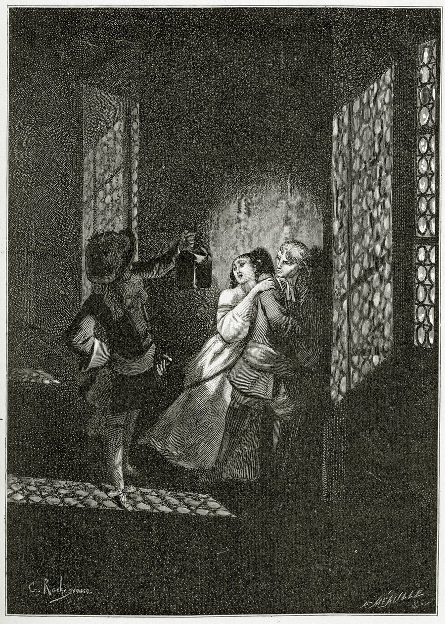 Elskerne Ethel og Ordener blir fanget av løytnant d'Alpheld - illustrasjon fra Han d'Islande, 1800-tallet (bw gravering) av Georges Marie Rochegrosse