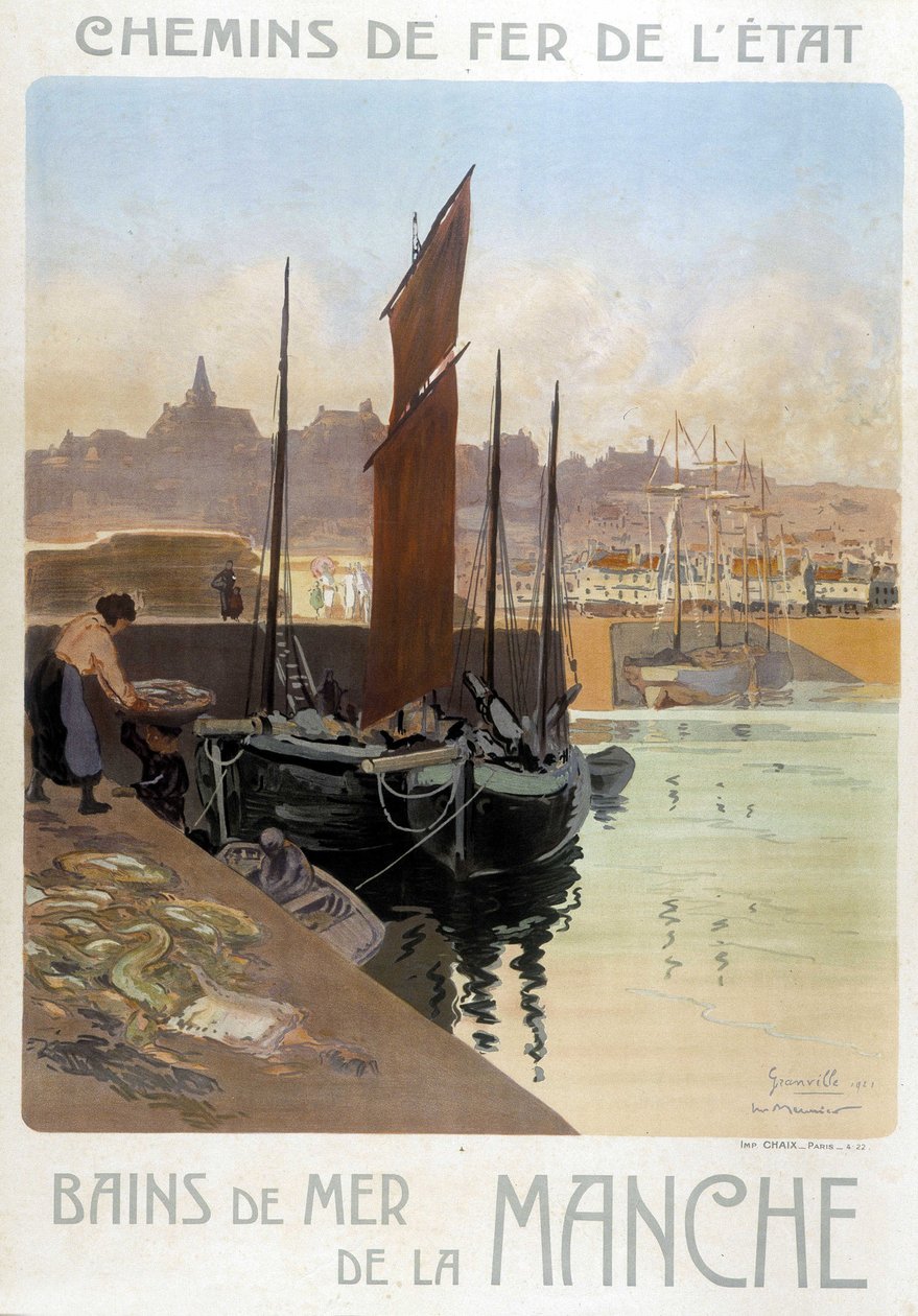 Les bains de mer de la Manche (Utsikt over havnen i Granville) - Plakat av statsjernbanene, av Meunier av Georges Meunier